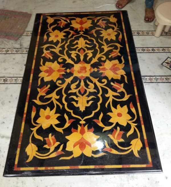 Black Marble Dining Table Top Marquetry Mosaic Inlay Table